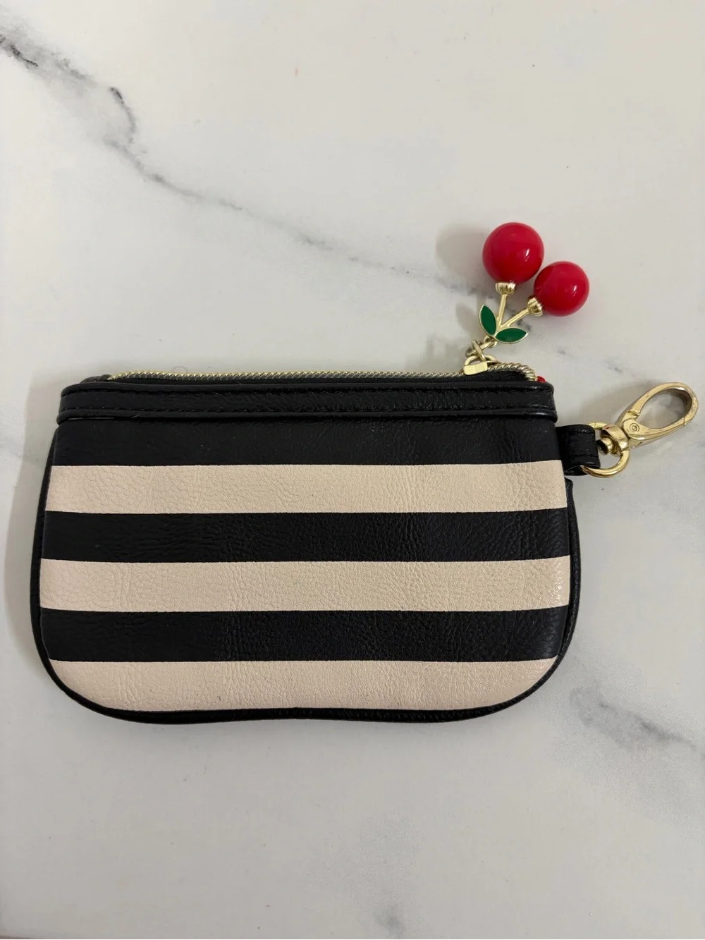 Betsey Johnson Black & Cream Striped Card Holder with Cherry Charm